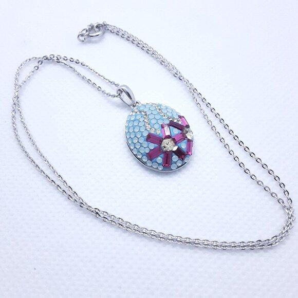 925 sterling silver Jewelry - 16 inch sterling silver chain and pendant auqa blue and fusha colors and cz's